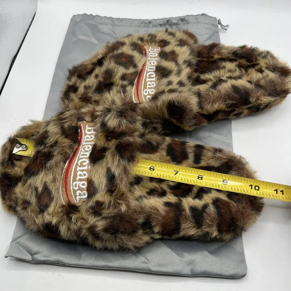 Balenciaga Men's Sz EUR 41 Leopard Animal Print Faux Fur Logo Slide Sandals